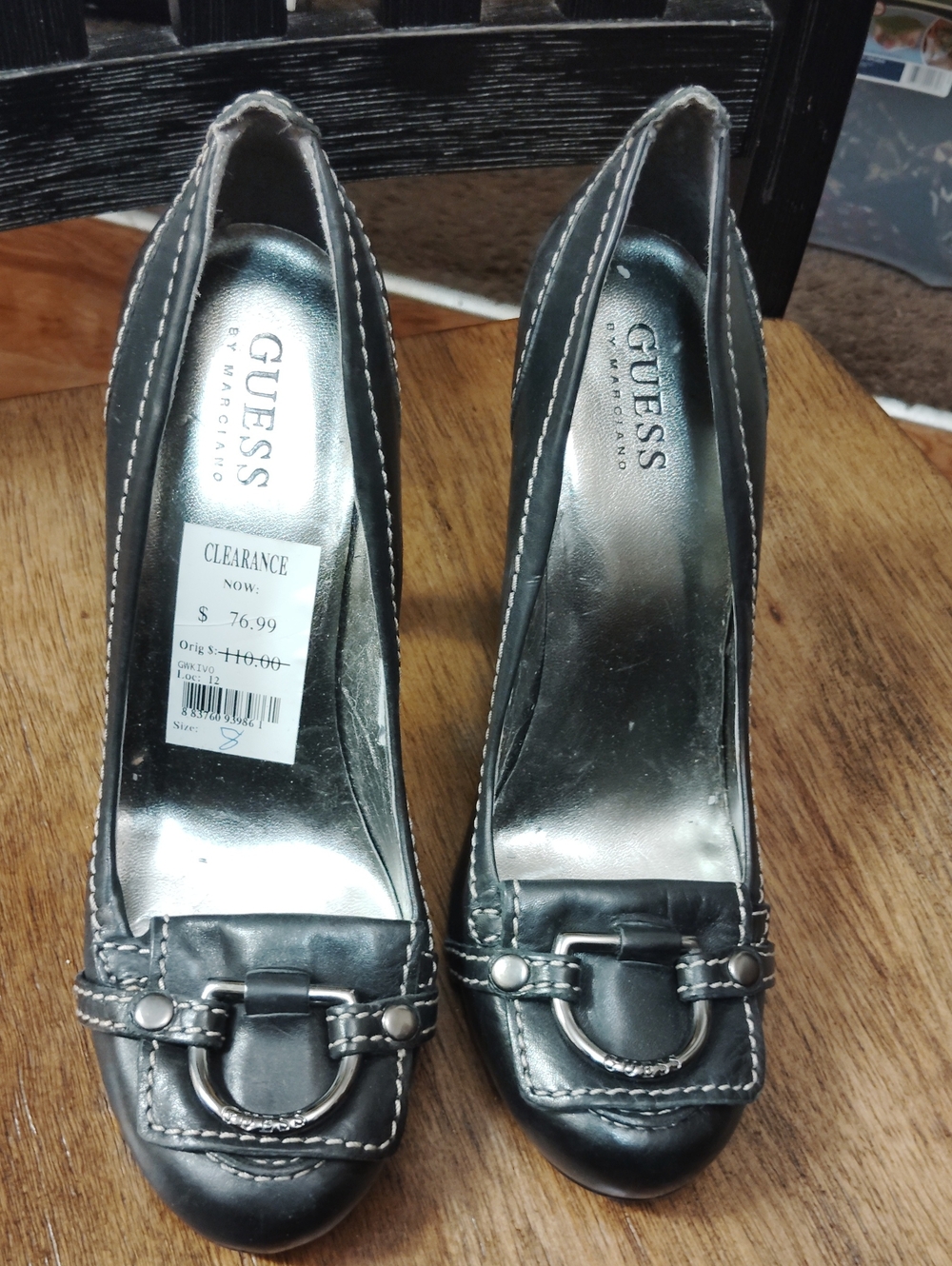 GUESS Black Leather Heeled Pumps with Silver Ring Accent